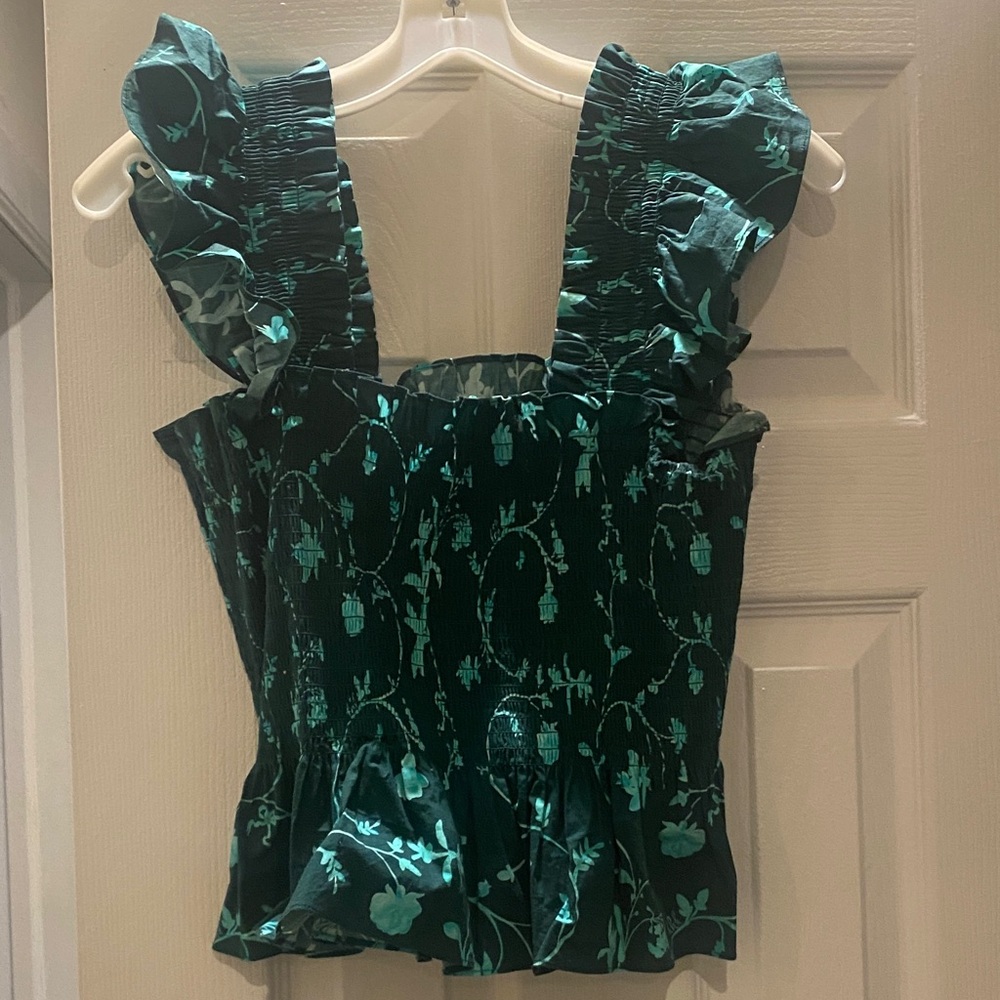 Hill House Emerald Floral Ruffle Blouse